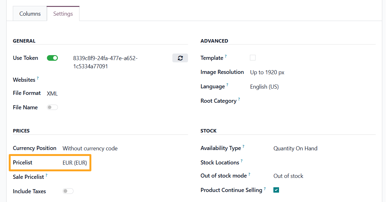 odoo ceneo product data feed prices settings pricelist